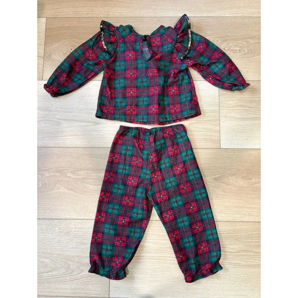VINTAGE Jackie's Girls 3T Plaid Ruffle Top Pants Set Christmas Tartan Made in US - Picture 13 of 14